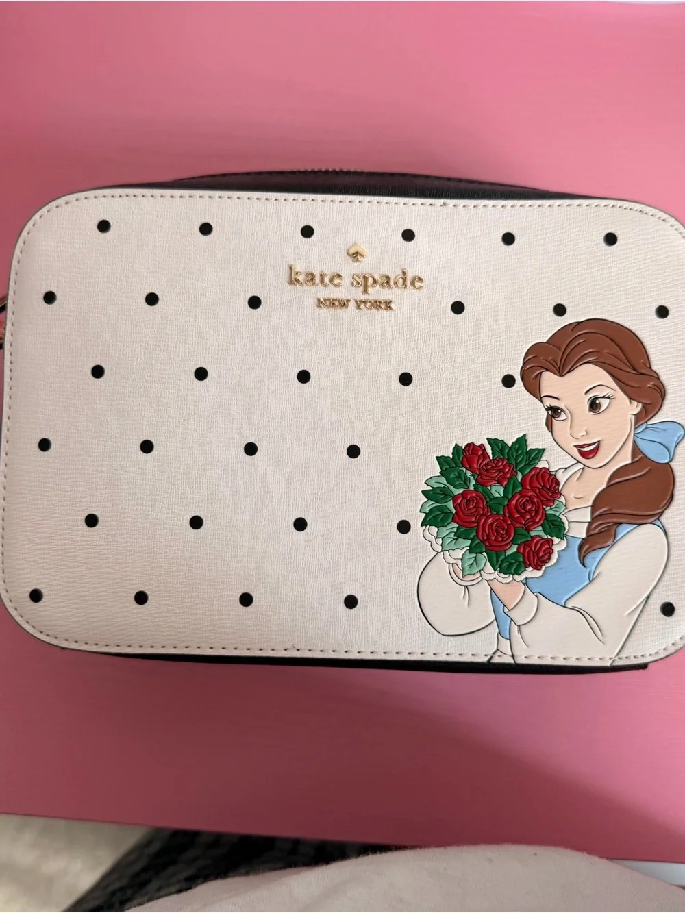 kate spade White Polka Dot Belle Cosmetic Case with Red Rose Accent